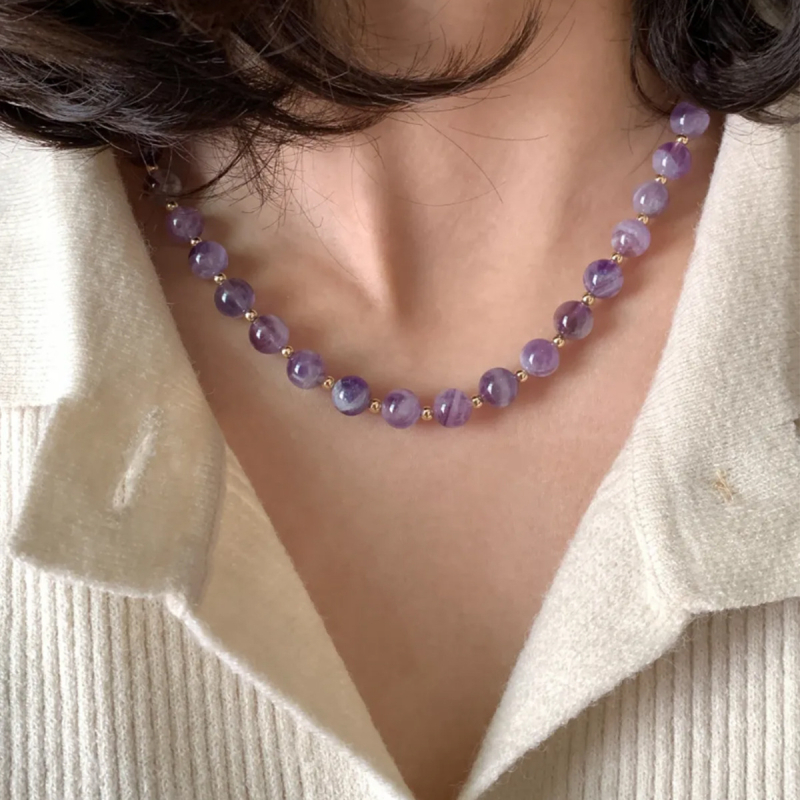 Ametista kristāla kaklarota, nišas dizains, vienkāršs pērļu stils, vara ar zelta pārklājumu