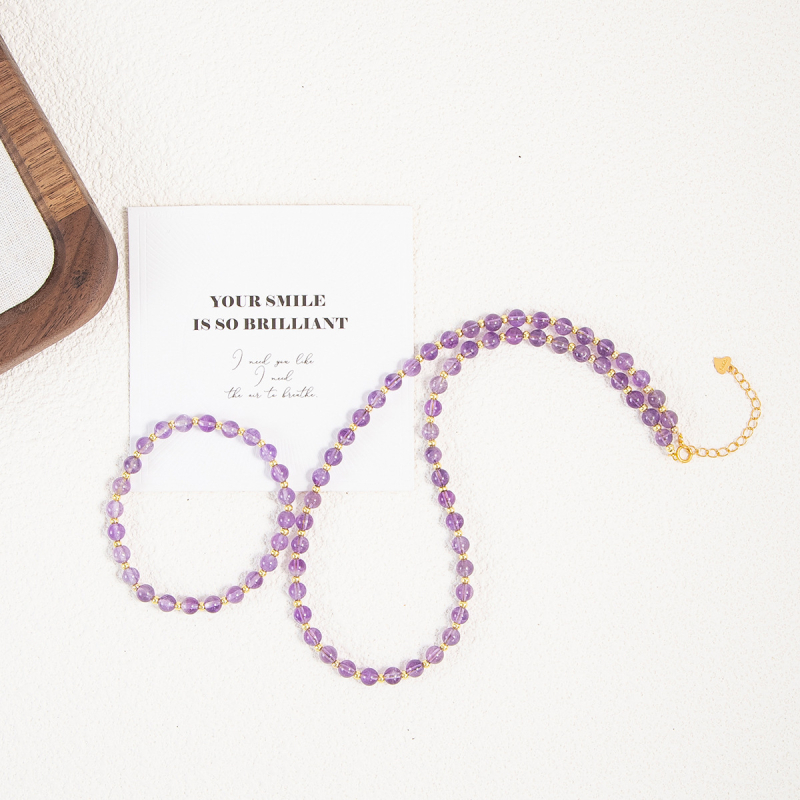 Ametista kristāla kaklarota, nišas dizains, vienkāršs pērļu stils, vara ar zelta pārklājumu