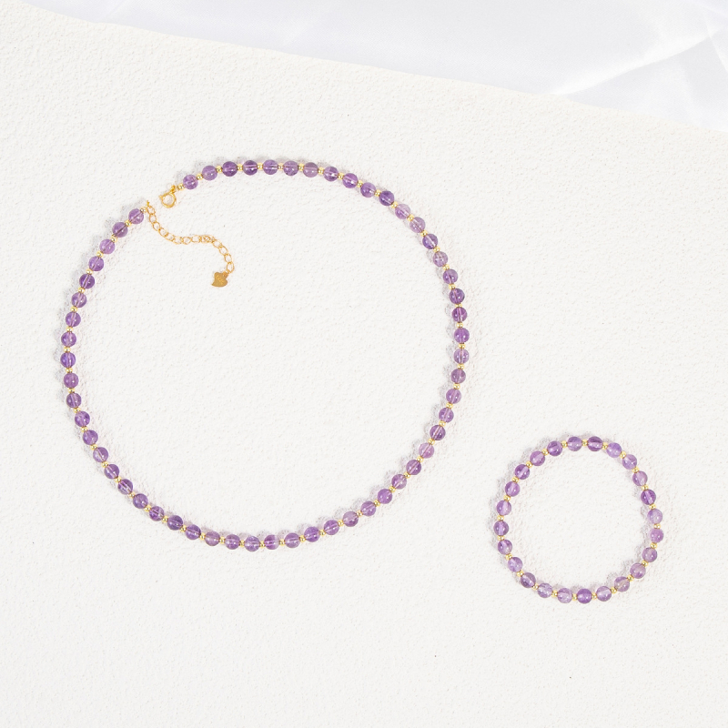 Ametista kristāla kaklarota, nišas dizains, vienkāršs pērļu stils, vara ar zelta pārklājumu