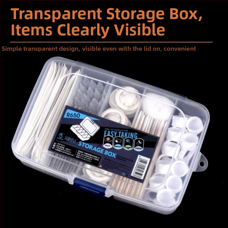 Plastikinė adatų laikymo dėžutė tatuiruotėms su keliais skyriais ir vatos tamponų vieta