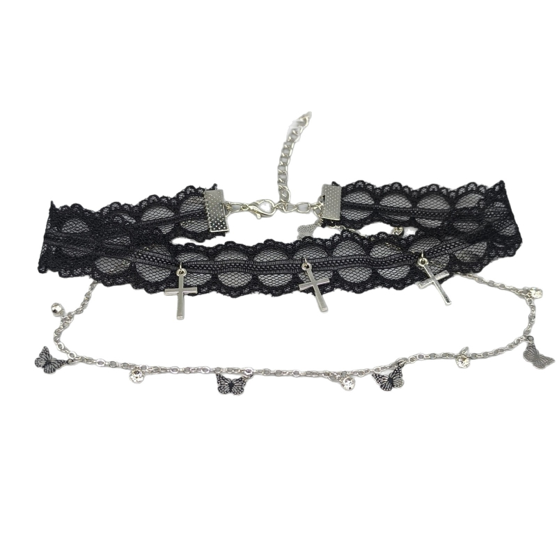 Colier cu lanț pentru claviculă, dantelă, fluture și ciucuri — materiale mixte; Stil chic; Vara 2025