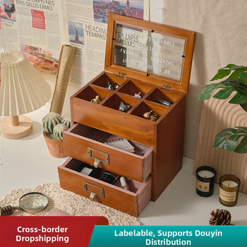 Cutie din lemn pentru bijuterii, stil retro, depozitare de birou cu sertare, 3 etaje, 2 sertare