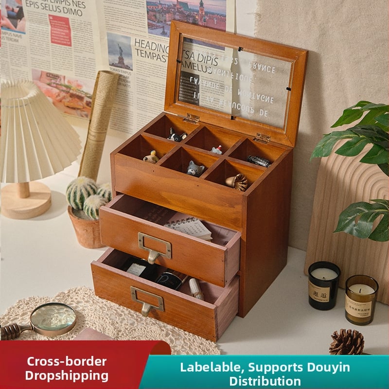 Cutie din lemn pentru bijuterii, stil retro, depozitare de birou cu sertare, 3 etaje, 2 sertare