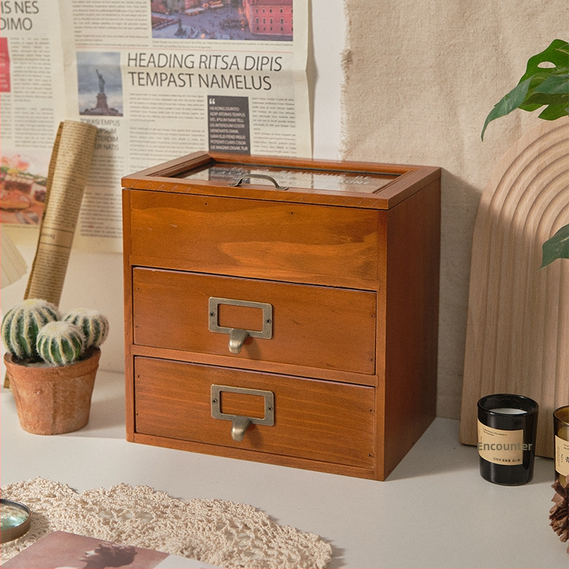 Cutie din lemn pentru bijuterii, stil retro, depozitare de birou cu sertare, 3 etaje, 2 sertare