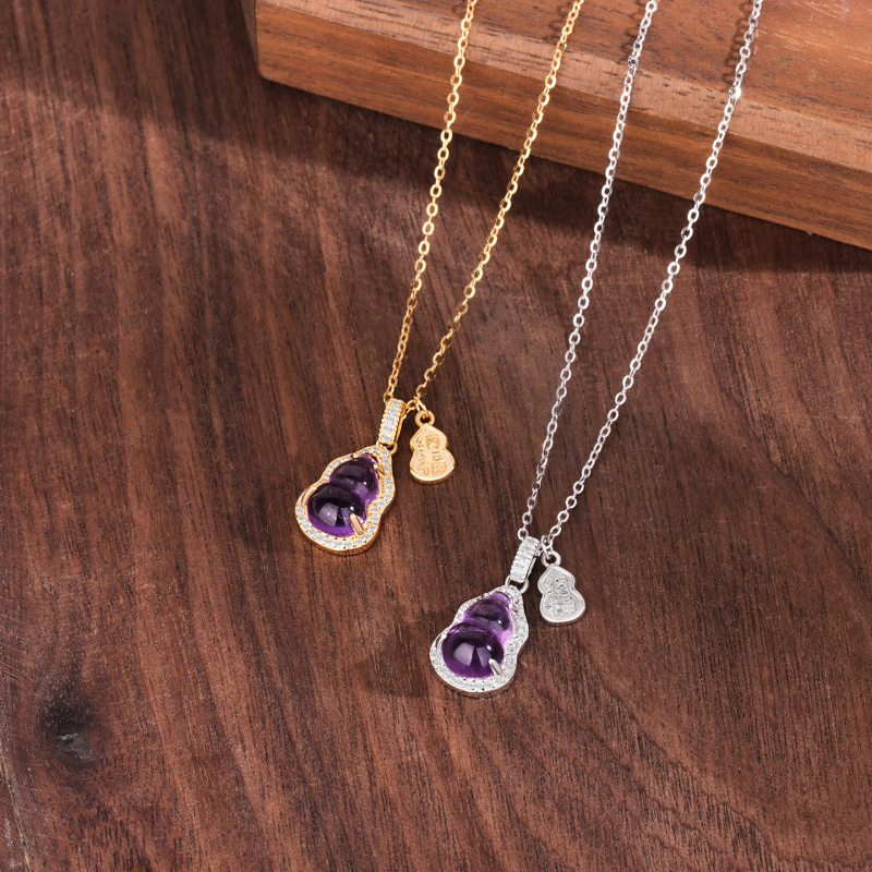 S925 ezüst ametiszt tök formájú medálos nyaklánc, keresztes lánccal, Új kínai stílus