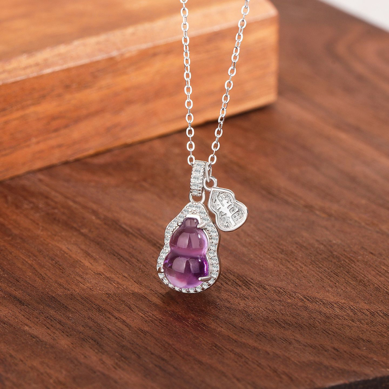 S925 ezüst ametiszt tök formájú medálos nyaklánc, keresztes lánccal, Új kínai stílus