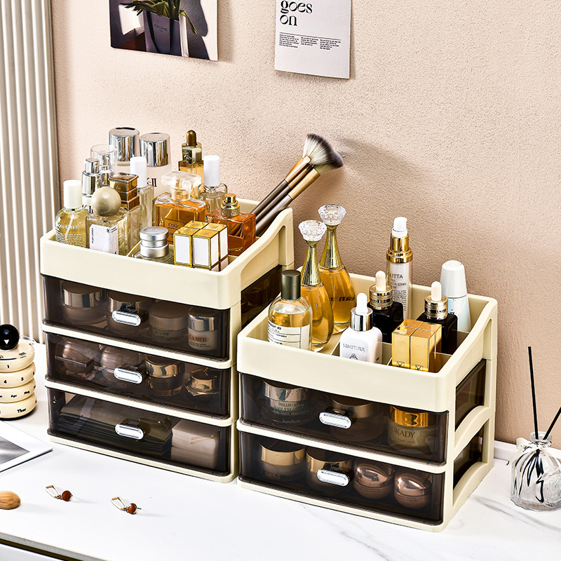 Galda kosmētikas uzglabāšanas kārba, plastmasas ar atvilktnēm, caurspīdīgs organizētājs, mūsdienīgs vienkāršs stils, izlaista 2023. gadā