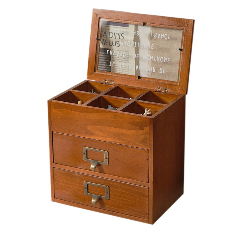 Cutie din lemn retro pentru bijuterii, protecție la praf, suport de birou, 2 sertare, 3 niveluri