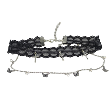 Colier pentru claviculă cu dantelă, fluture și cruce cu ciucuri – materiale mixte, stil chic