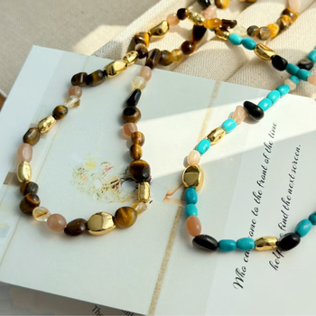 Colier cu ochi de tigru, mărgele, formă geometrică, lanț de mărgele electroplatate, stil regal