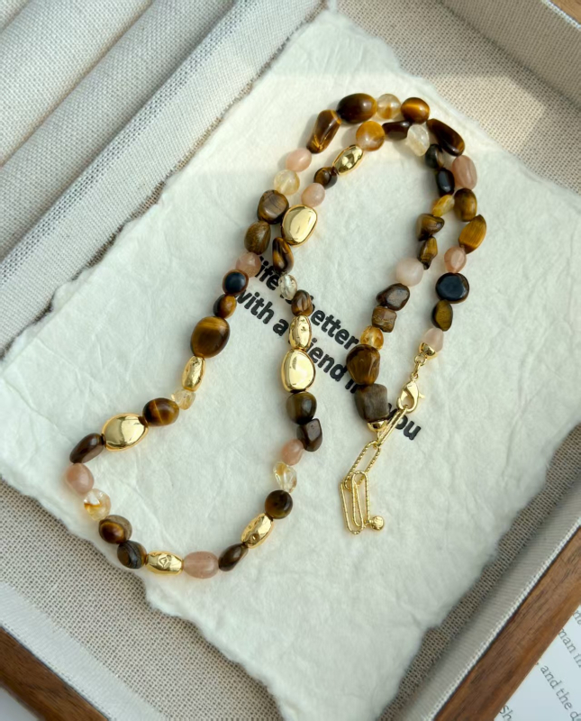 Colier cu ochi de tigru, mărgele, formă geometrică, lanț de mărgele electroplatate, stil regal