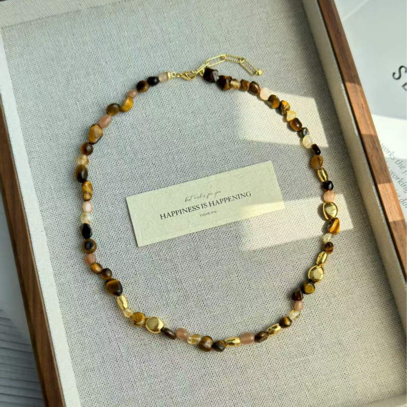 Colier cu ochi de tigru, mărgele, formă geometrică, lanț de mărgele electroplatate, stil regal