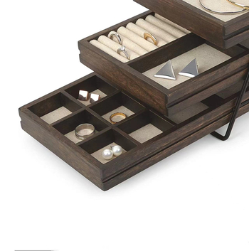 Suport din lemn pentru bijuterii, 3 etaje, display de masă pentru cercei și inele, stil japonez