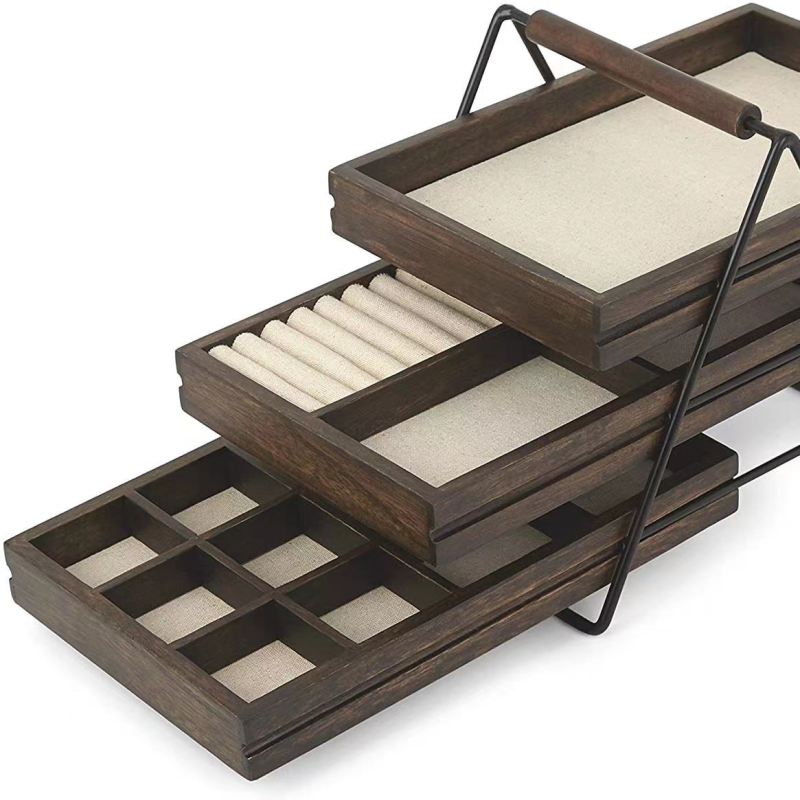 Suport din lemn pentru bijuterii, 3 etaje, display de masă pentru cercei și inele, stil japonez