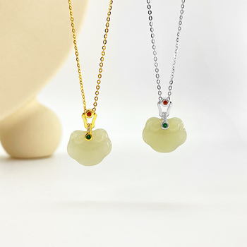 Colier din argint 925 cu pandantiv din jad Hetian și zirconiu, lanț clavicular, greutate 2,67 g, finisaj electroplacat