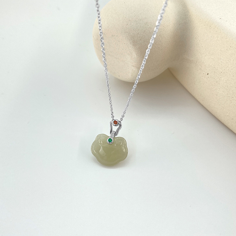 Colier din argint 925 cu pandantiv din jad Hetian și zirconiu, lanț clavicular, greutate 2,67 g, finisaj electroplacat