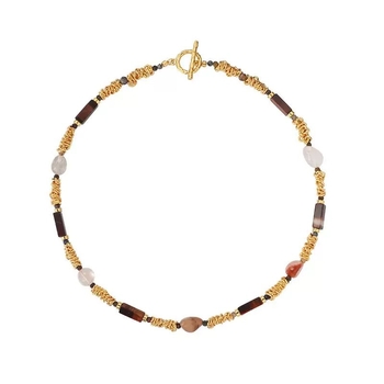Colier cu mărgele de perle, cu două straturi, pandantiv din ochi de tigru natural, stil geometric minimalist