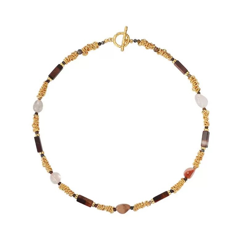 Colier cu mărgele de perle, cu două straturi, pandantiv din ochi de tigru natural, stil geometric minimalist