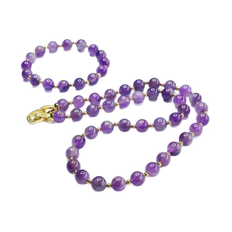 Dabas ametista kaklarotu un rokassprādzes komplekts, 8 mm pērlītes, vara ar zelta pārklājumu, elegants stils