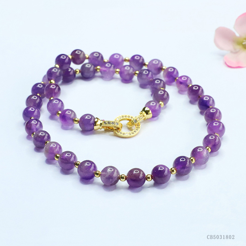 Dabas ametista kaklarotu un rokassprādzes komplekts, 8 mm pērlītes, vara ar zelta pārklājumu, elegants stils