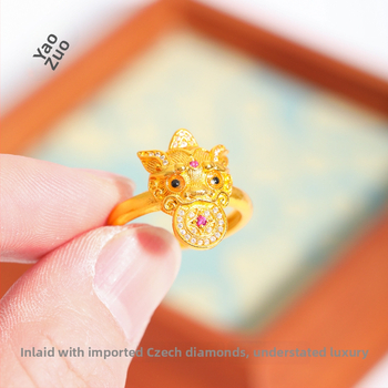 Ženski bakreni prsten s Pixiuom i dijamantnom ugradom, četkan završni sloj, retro stil