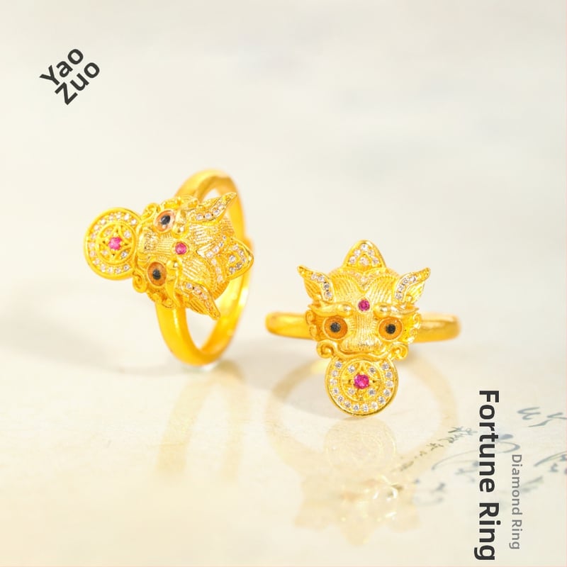 Ženski bakreni prsten s Pixiuom i dijamantnom ugradom, četkan završni sloj, retro stil