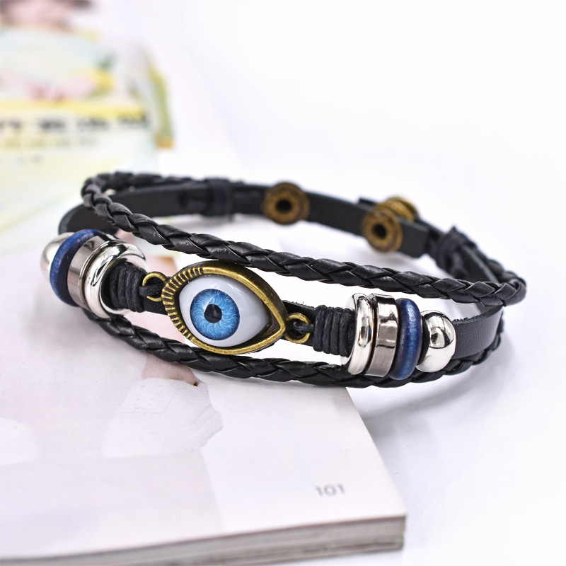 Narukvica s motivom oka, retro stil, unisex, od kože i cinkovog legura, drvene perle, višeslojna pletena, kopča sa snap zatvaračem