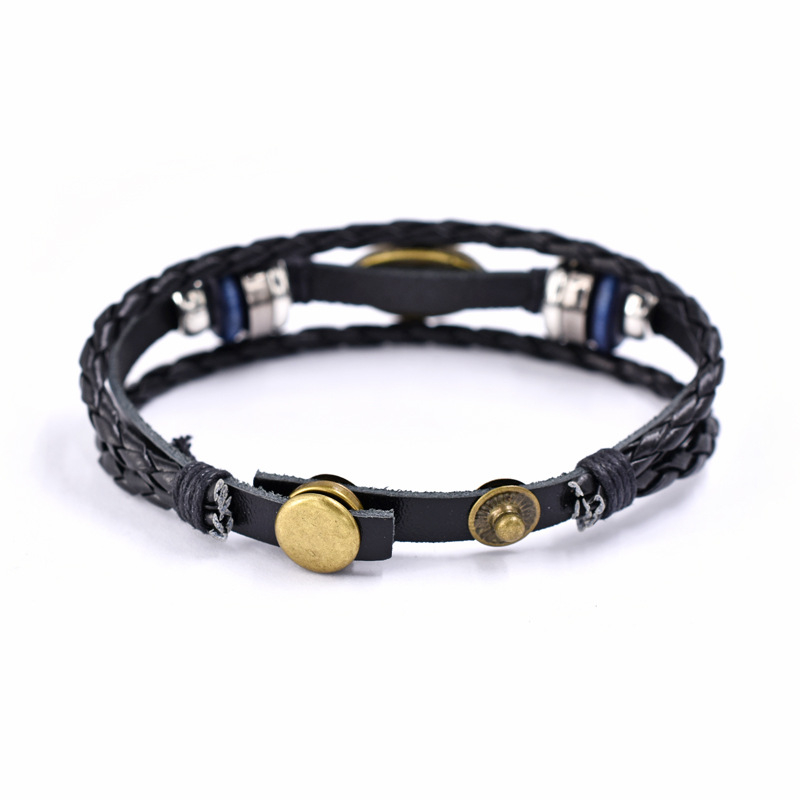 Narukvica s motivom oka, retro stil, unisex, od kože i cinkovog legura, drvene perle, višeslojna pletena, kopča sa snap zatvaračem