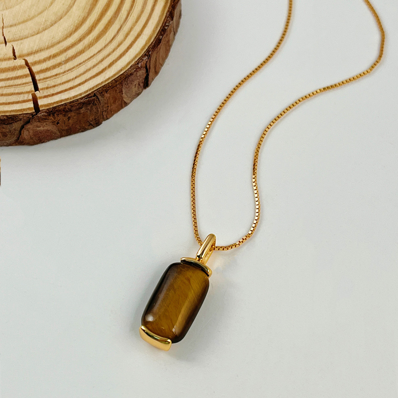 Colier cu pandantiv din Tiger Eye din argint 925, design geometric, lanț tip box