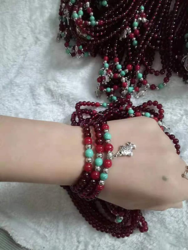 Narukvica s etničkim stilom, unisex, staklene perle s imitacijom granata, 108 perli, okrugli oblik