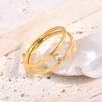 Korejskog stil geometrijski prsten s dvostrukim slojem cirkonija, titan čelik, U-oblik, elektroplatiranje, otvoreni prsten za žene