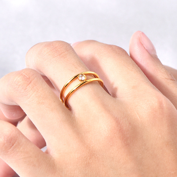 Korejskog stil geometrijski prsten s dvostrukim slojem cirkonija, titan čelik, U-oblik, elektroplatiranje, otvoreni prsten za žene