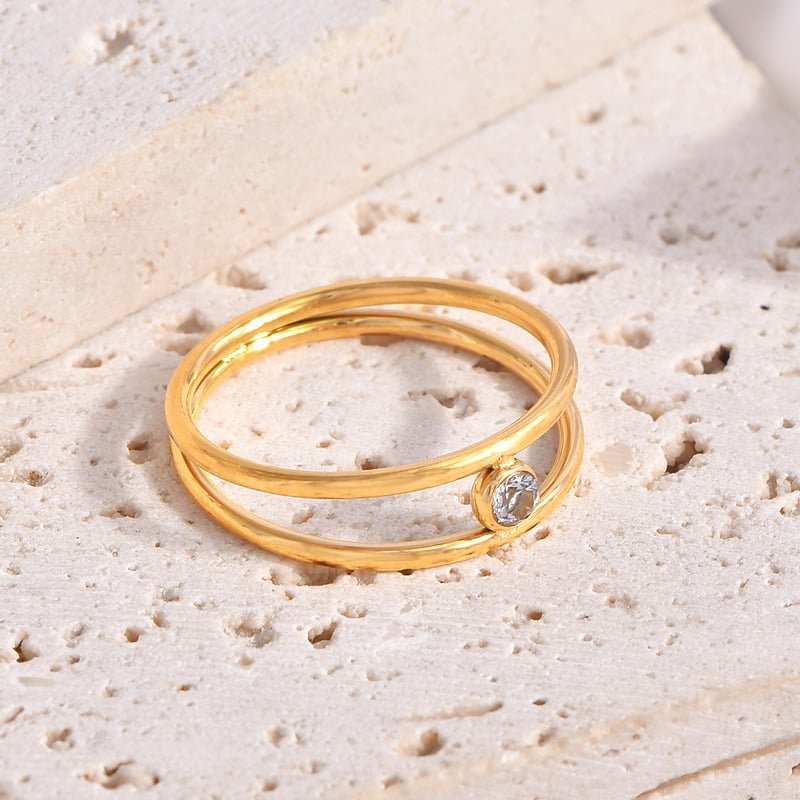Korejskog stil geometrijski prsten s dvostrukim slojem cirkonija, titan čelik, U-oblik, elektroplatiranje, otvoreni prsten za žene