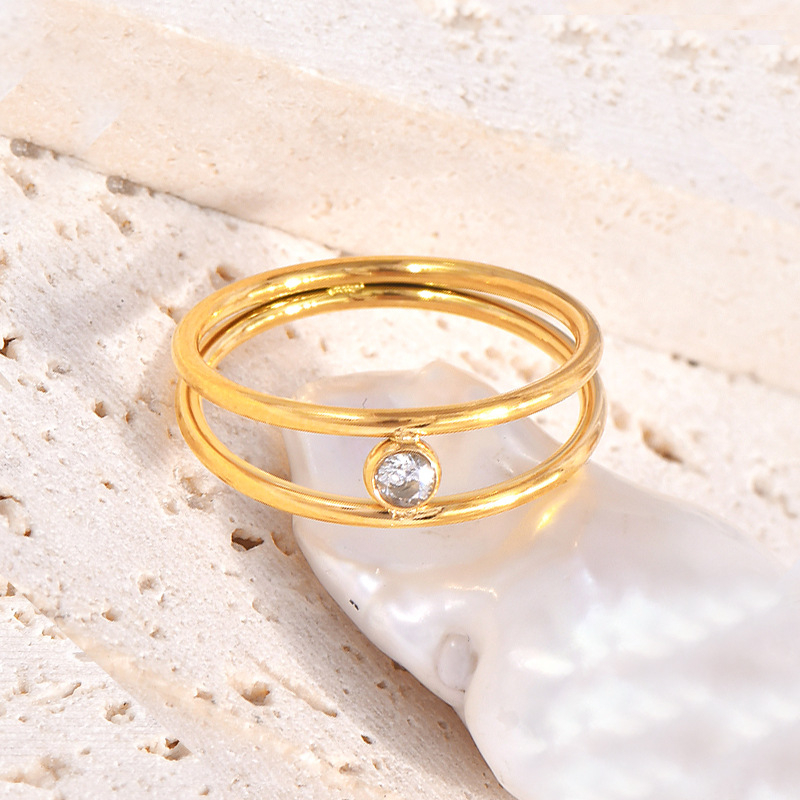 Korejskog stil geometrijski prsten s dvostrukim slojem cirkonija, titan čelik, U-oblik, elektroplatiranje, otvoreni prsten za žene