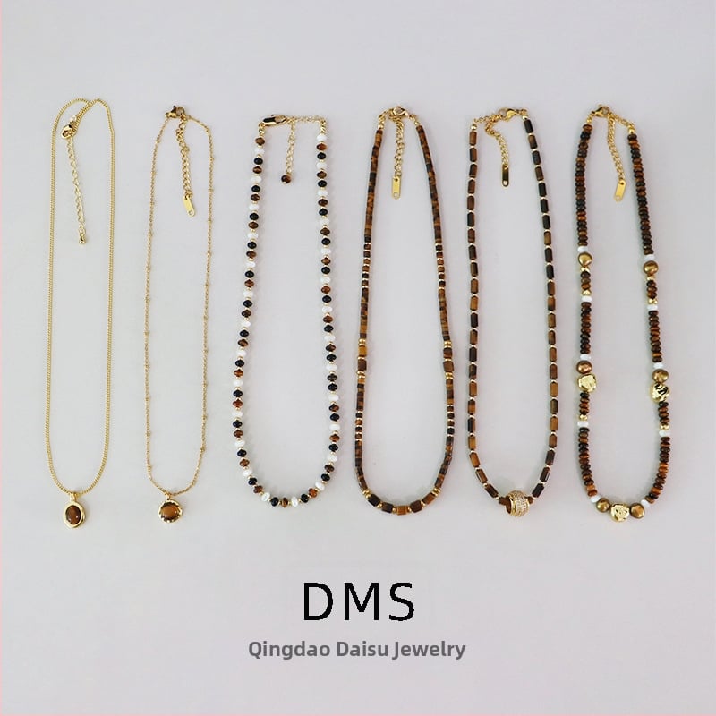 Colier cu Tiger Eye, mărgele din piatră, lucrat manual, lanț cu mărgele de piatră, pandantiv geometric din alamă