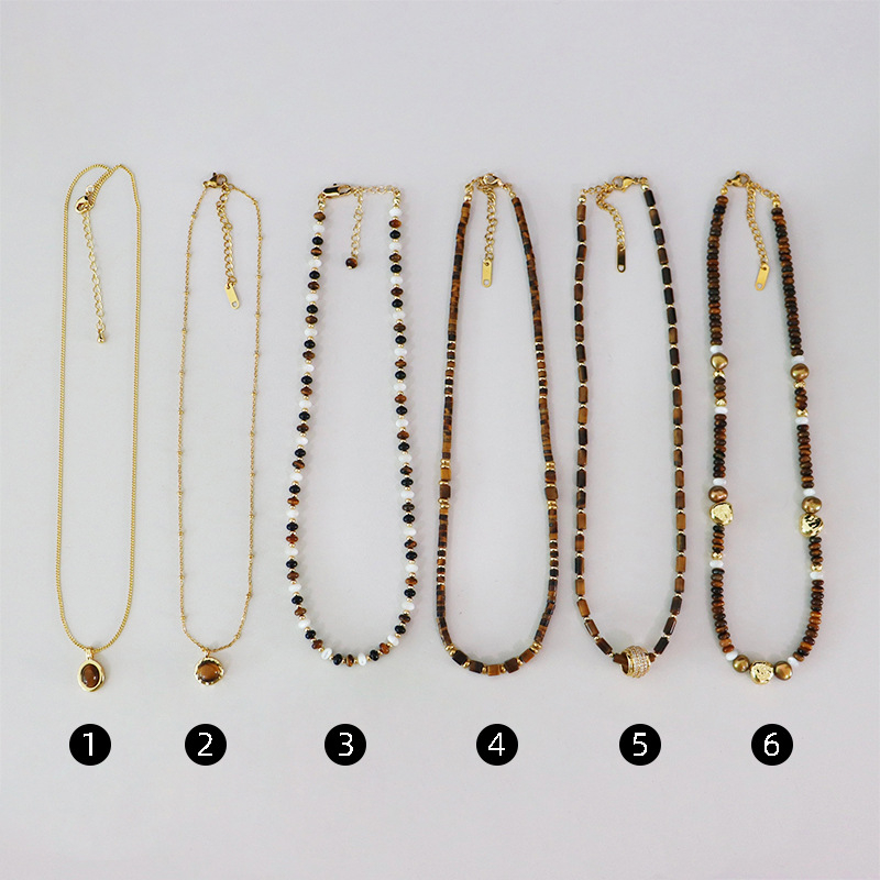 Colier cu Tiger Eye, mărgele din piatră, lucrat manual, lanț cu mărgele de piatră, pandantiv geometric din alamă