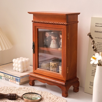 Дървен ретро настолен шкаф за съхранение и дисплей на козметика – прахозащитен, марка Wheat Ornament Life, 2023 г., лицензиран частен етикет