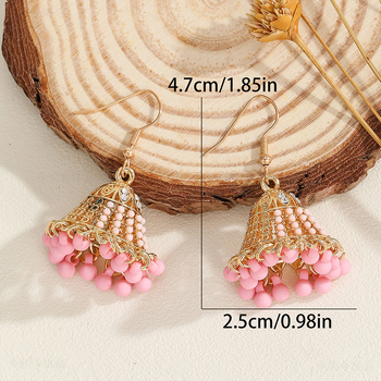 Обеци – етническа корона форма, инкрустирани оризови мъниста и кристали, висулка птича клетка с камбанка; цинкова сплав; за жени