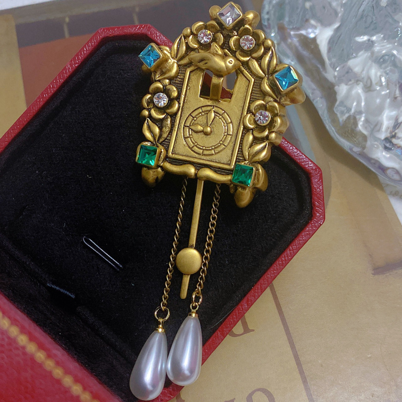 Broșă cu motiv ceas, stil antic, aliaj, placare electrolitică, decorativ, cadou pentru femei