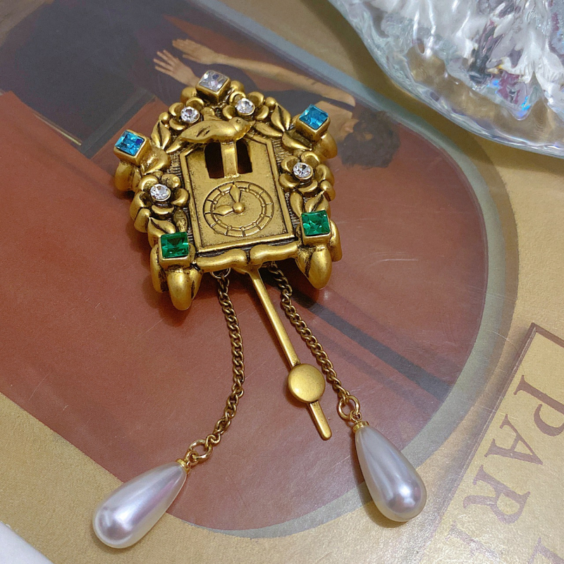 Broșă cu motiv ceas, stil antic, aliaj, placare electrolitică, decorativ, cadou pentru femei