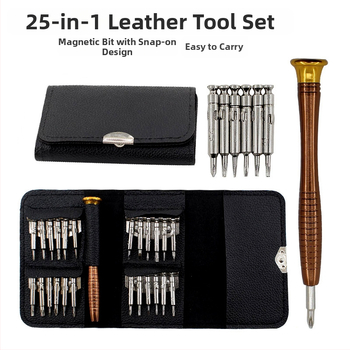 25-1 skrūvgriežu komplekts, magnētisks, demontāžai un remontam mobilo telefonu un pulksteņu, ar ādas somu