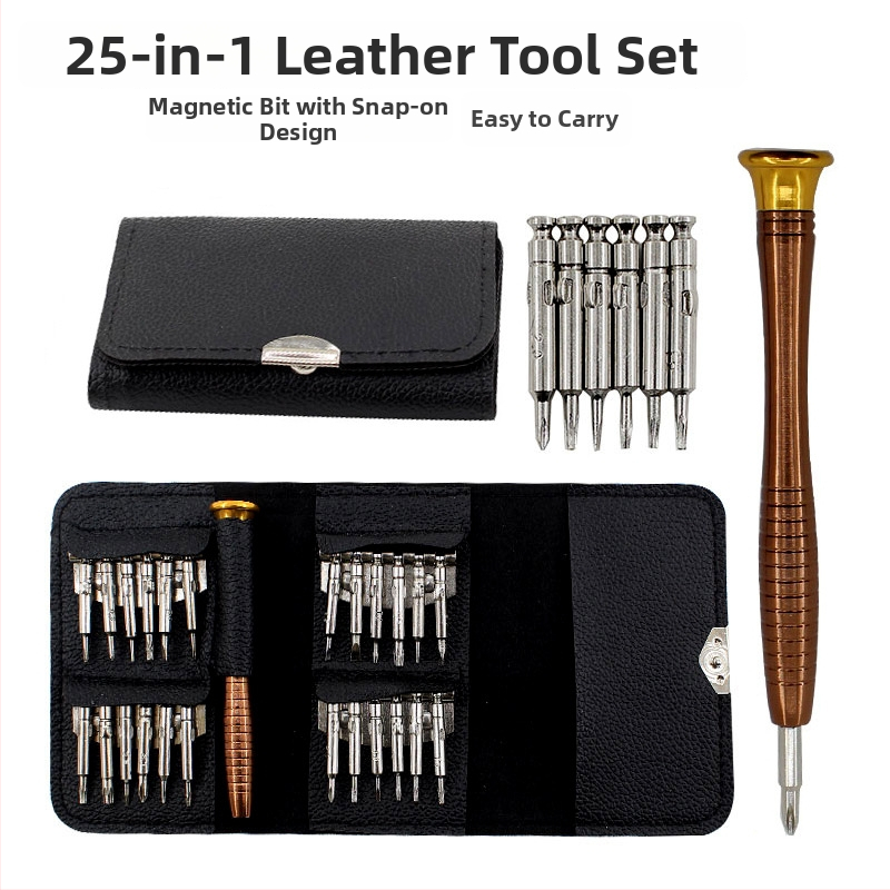 25-1 skrūvgriežu komplekts, magnētisks, demontāžai un remontam mobilo telefonu un pulksteņu, ar ādas somu