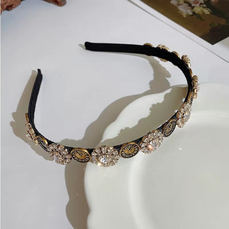 Triya bandă de păr cu cristale în stil ceas — stil Baroc Palat, lucrată manual, retro artistic pentru femei