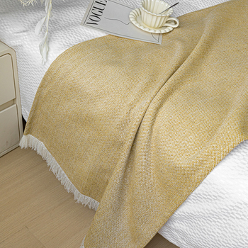 Pled s resicama od lanenog smjesa – senf žuta, moderan minimalistički stil, hotelski stil, jednobojna boja