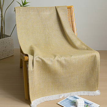 Pled s resicama od lanenog smjesa – senf žuta, moderan minimalistički stil, hotelski stil, jednobojna boja