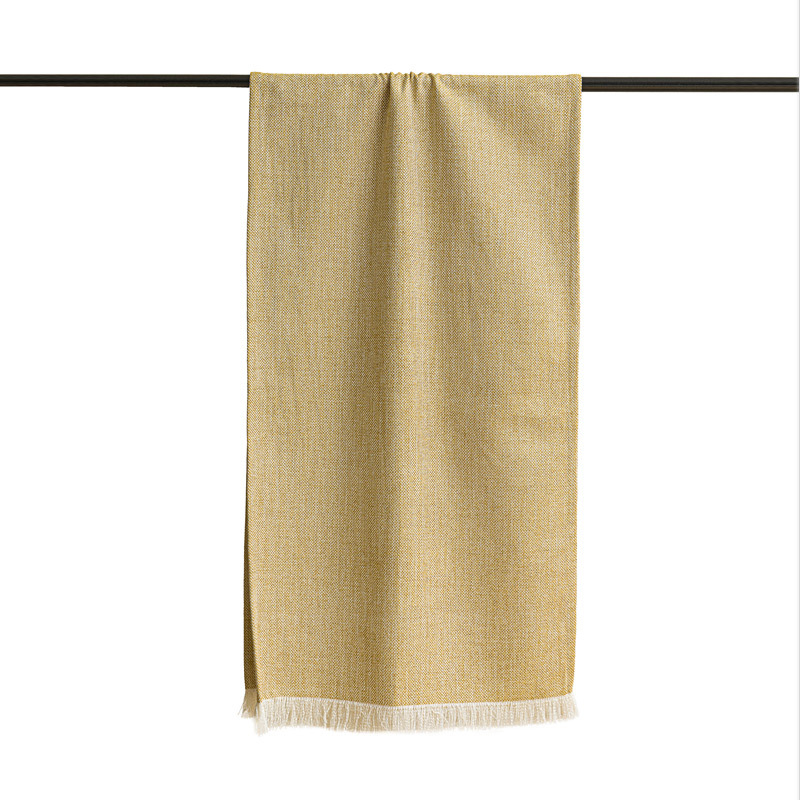 Pled s resicama od lanenog smjesa – senf žuta, moderan minimalistički stil, hotelski stil, jednobojna boja