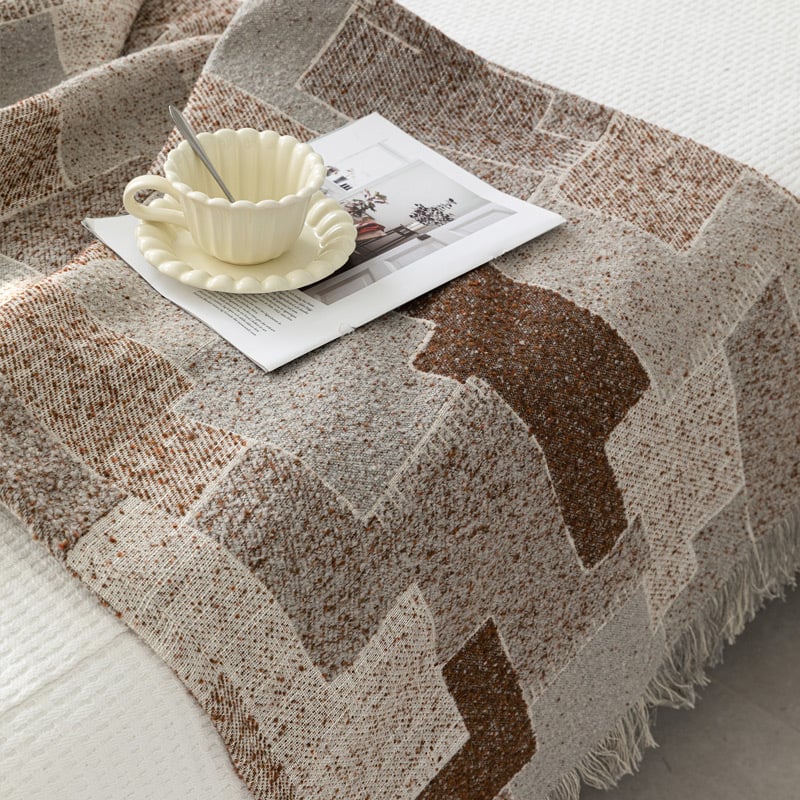 Cuvertură pentru marginea patului cu ciucuri Jacquard, stil modern simplu, model geometric abstract, țesătură în stil hotel — Material: Altul