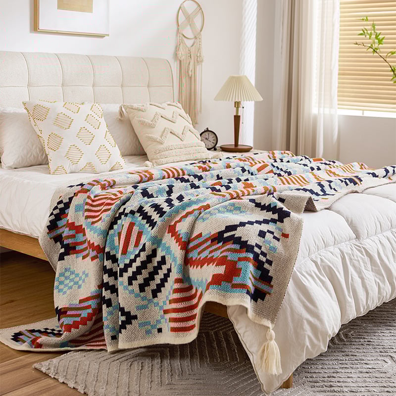 Плетено диванско одеяло в бохемски стил (геометричен принт, полиестерна материя, пролет-есен, 450–2000 г)