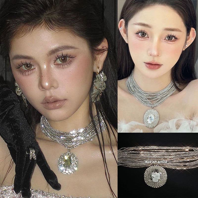 Choker ogrlica — višeslojni kristali, ovalni kamen (materijal: legura; proljeće 2024; prirodni stil; osvježavajući i sladak)