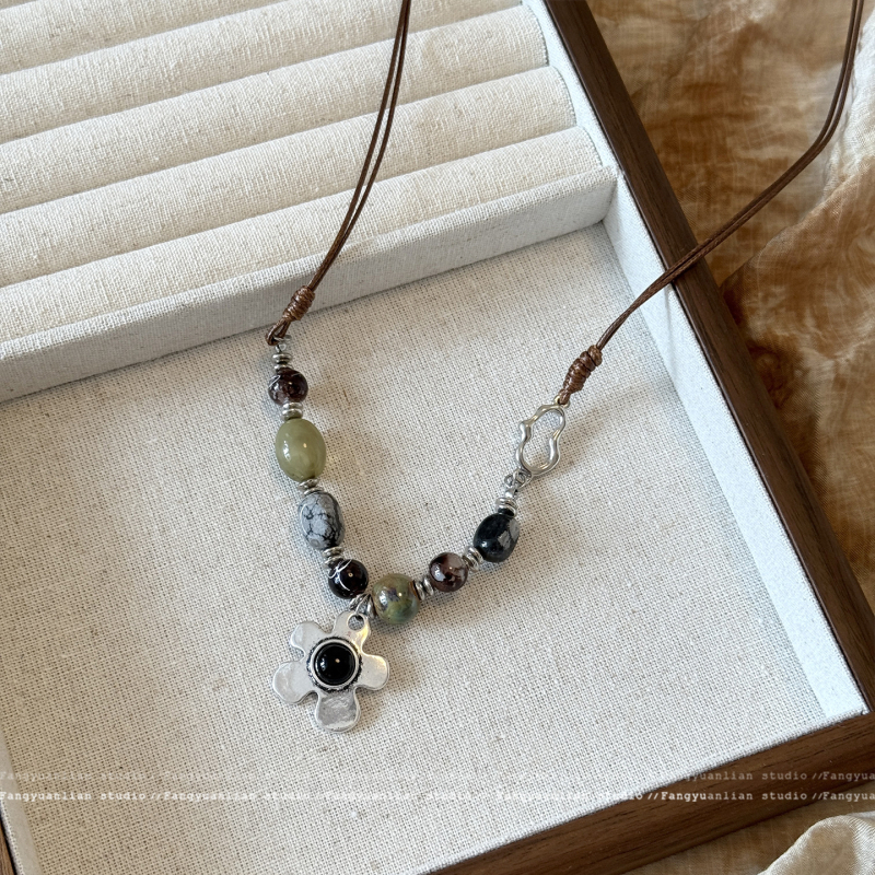 Colier cu pandantiv inimă în formă de cruce, lanț din lemn lucrat manual, pandantiv din aliaj, stil etnic boem